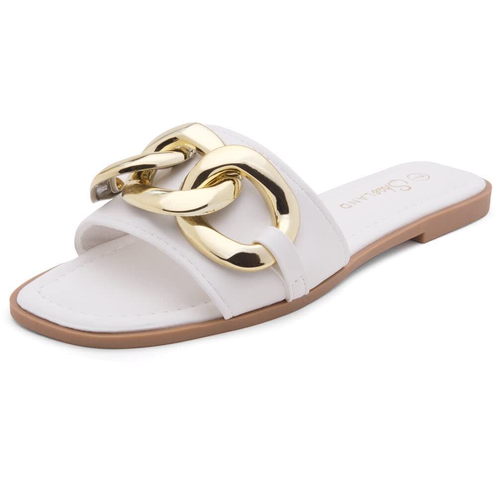 SHOE LAND WOMENS EMMA FLAT SANDALS SQUARE OPEN TOE SINGLE BAND SLIDES, WHITE, SI